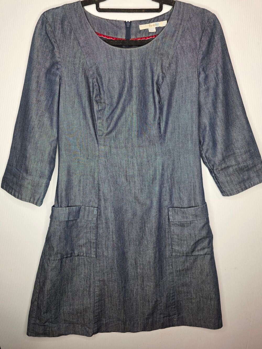 Boden Size 6R Blue Denim Chambray Shift Dress 3/4 Sleeve Pockets Classic
